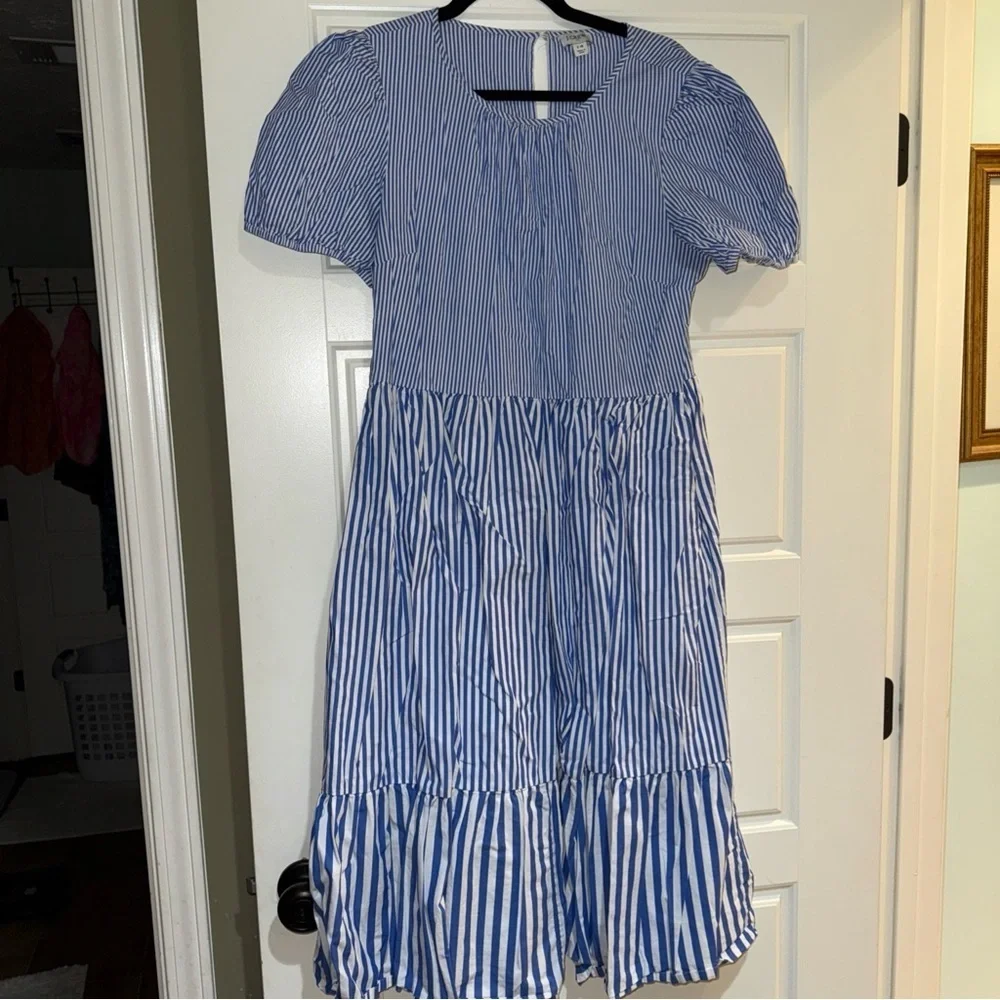 J. Crew Blue and White Tiered Ruffle Midi Sundress size 14 puff sleeve - Picture 4 of 7